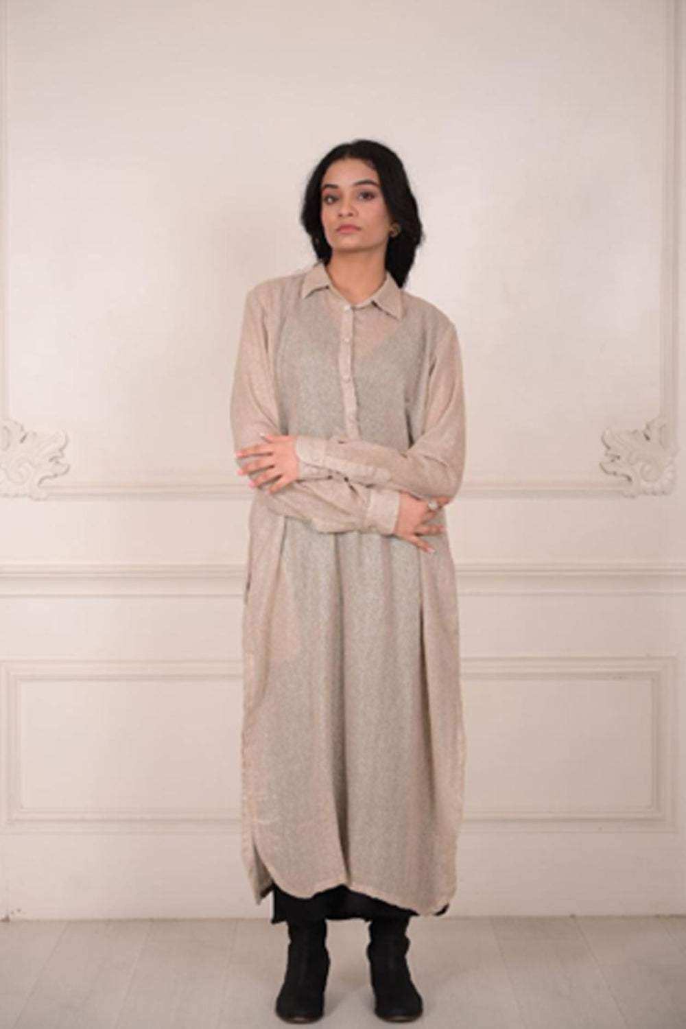 IJAAZ Jute Linen Long Shirt Dress