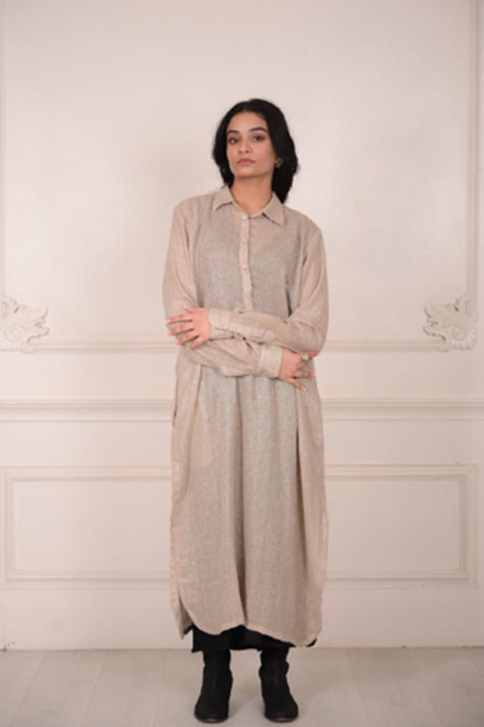 IJAAZ Jute Linen Long Shirt Dress