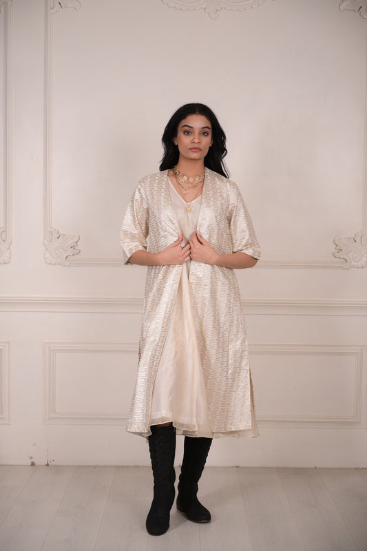 Zehra Overlay/Shrug Chanderi Cotton with Gold Zari Off-White