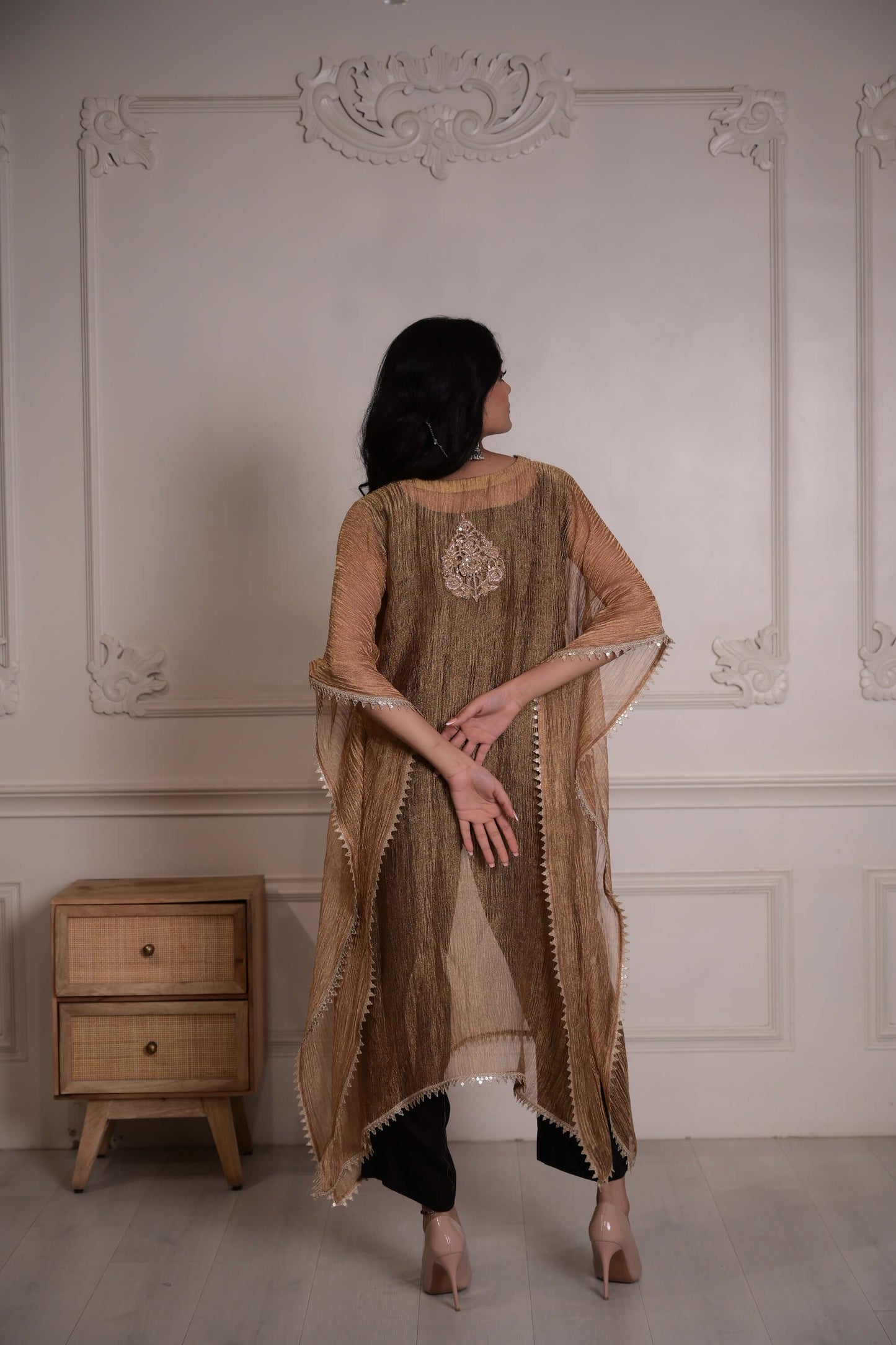 Mahroosh Metallic Gold Crushed Tissue Kaftan