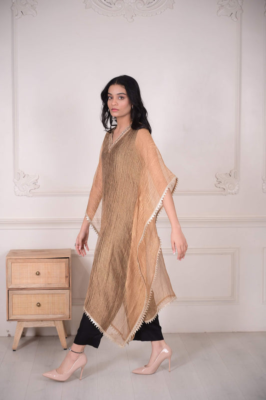 Mahroosh Metallic Gold Crushed Tissue Kaftan