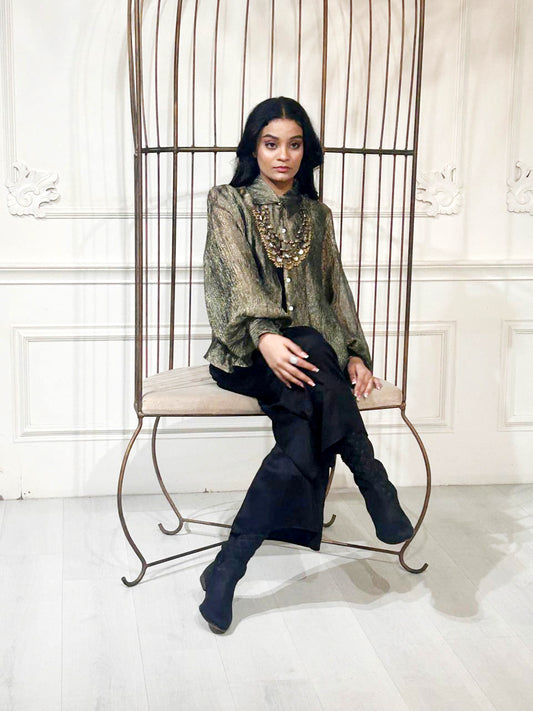 Zaar Crinkled Tissue Zari Metallic Shirt with Slip