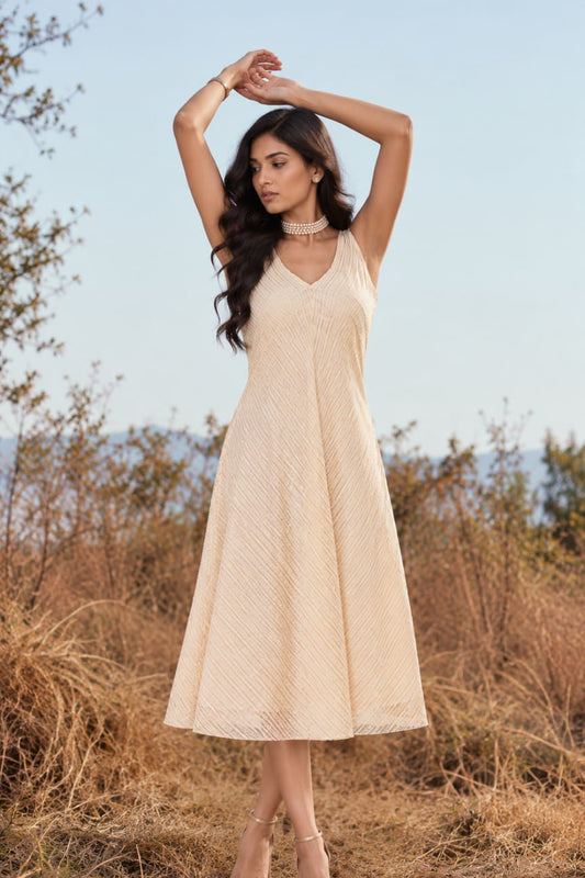 EIRA Thin Gold Striped Chanderi Dress