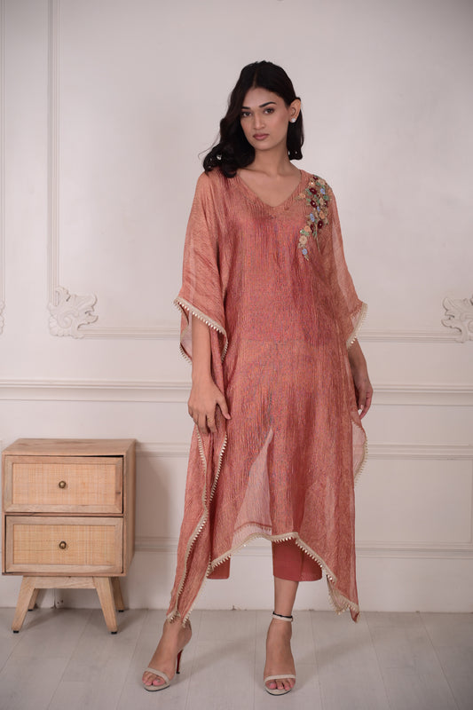 Gulruh Crushed Tissue Zari Metallic Pink Kaftan
