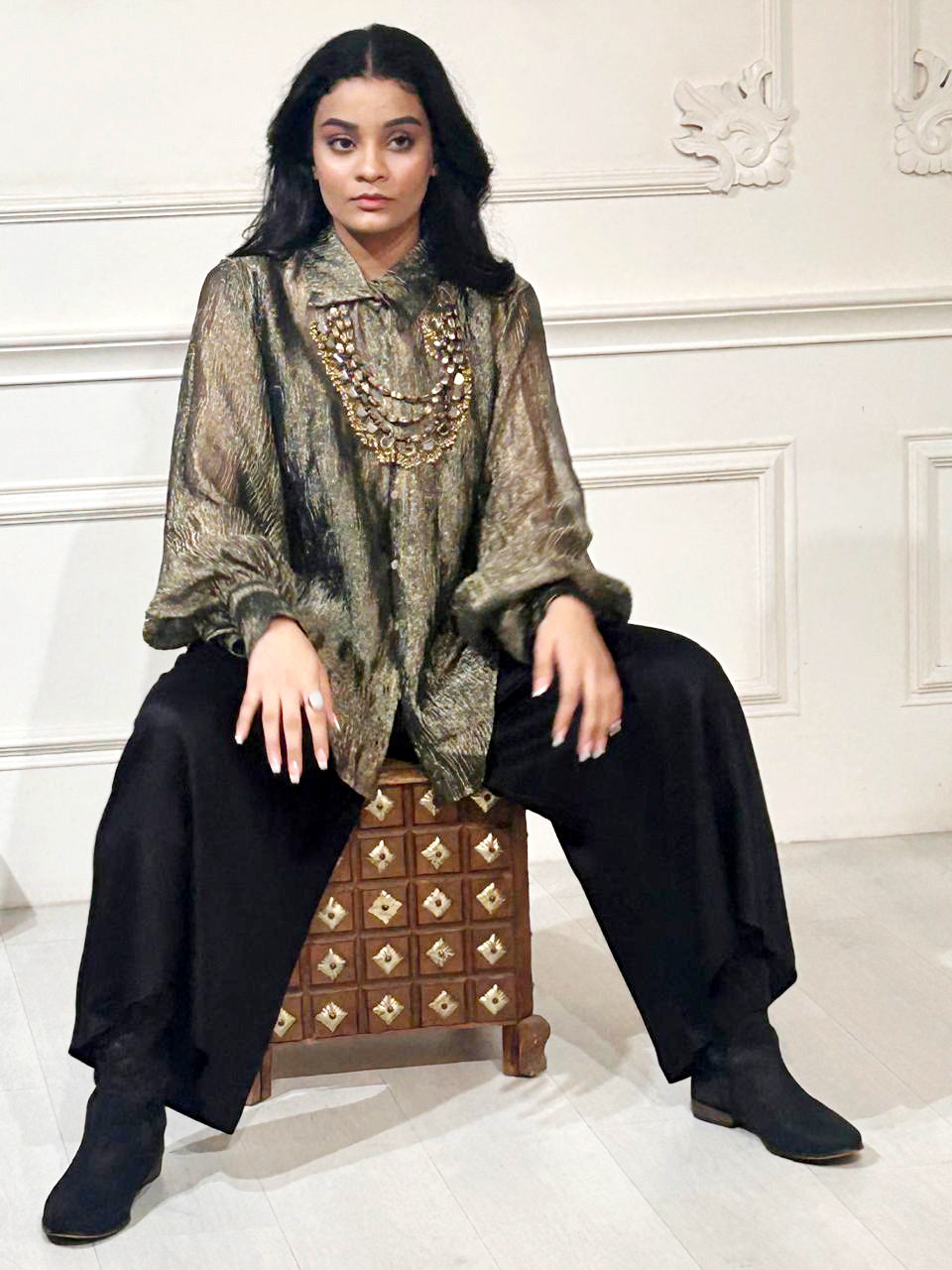 Zaar Crinkled Tissue Zari Metallic Shirt with Slip