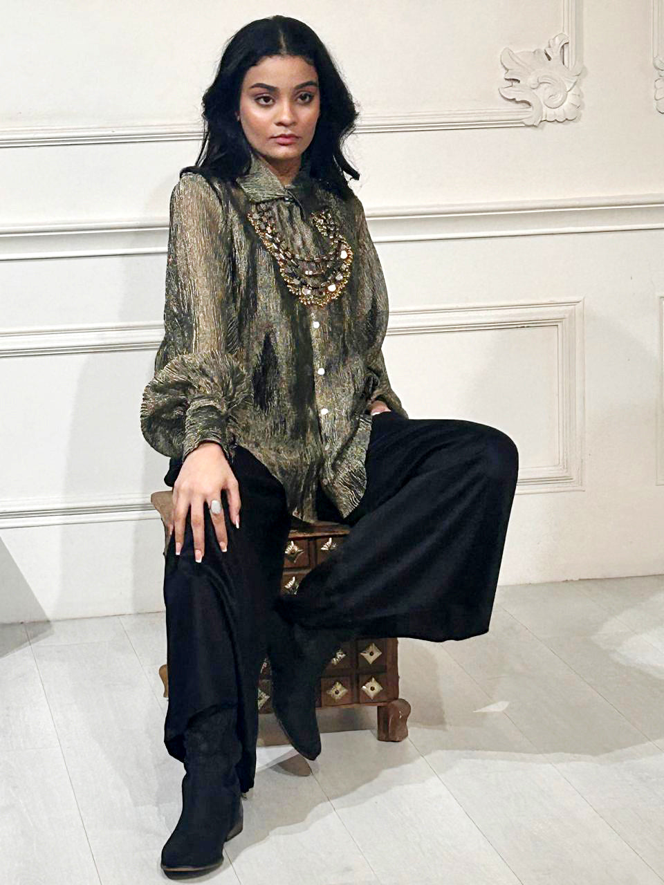 Zaar Crinkled Tissue Zari Metallic Shirt with Slip