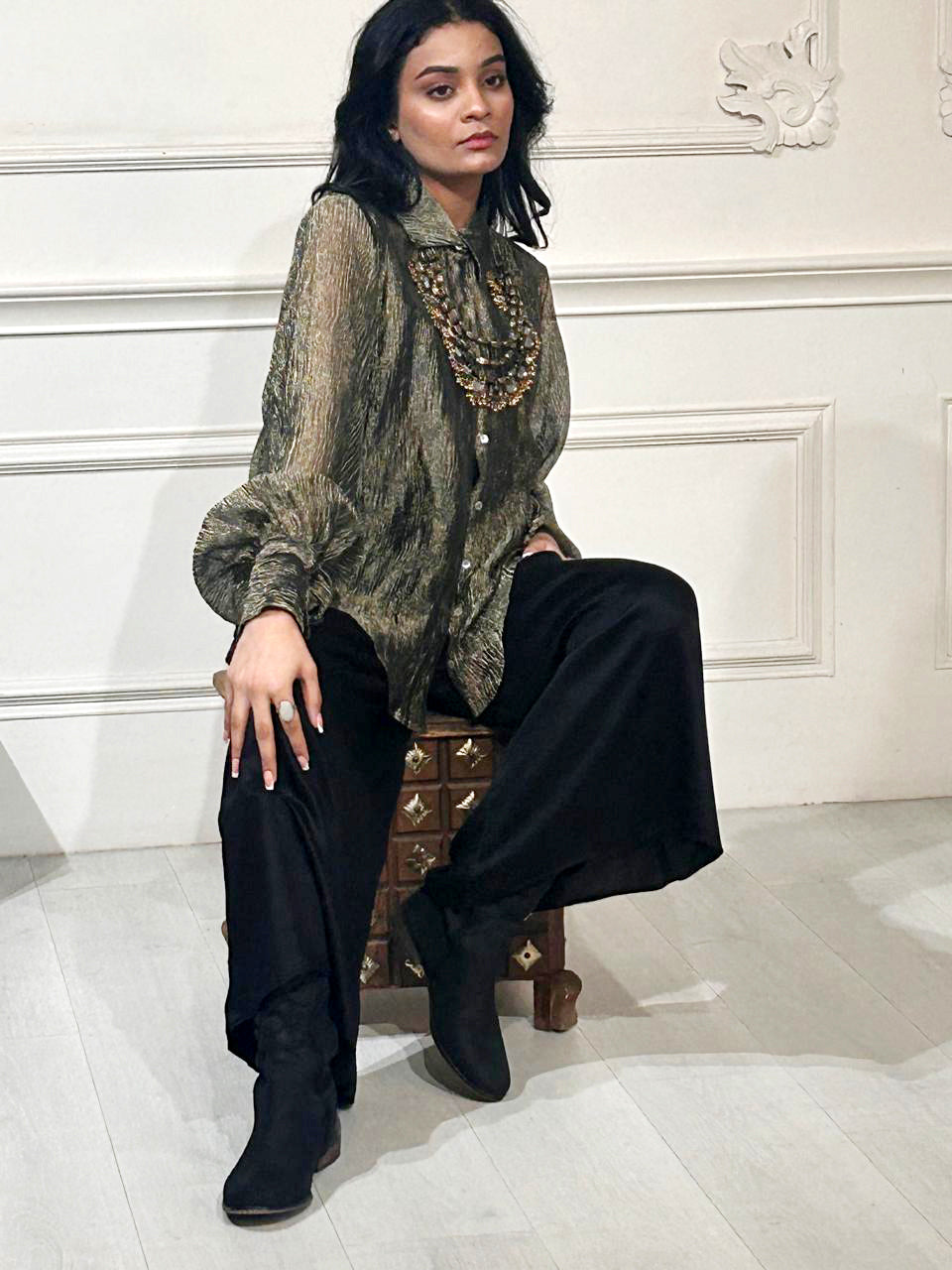 Zaar Crinkled Tissue Zari Metallic Shirt with Slip