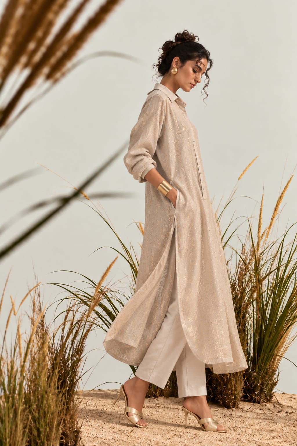 IJAAZ Jute Linen Long Shirt Dress