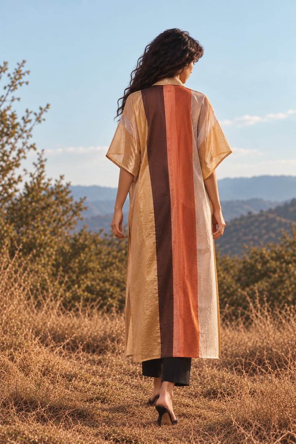 Zareen Metallic Multi Striped Chanderi Zari Kaftan