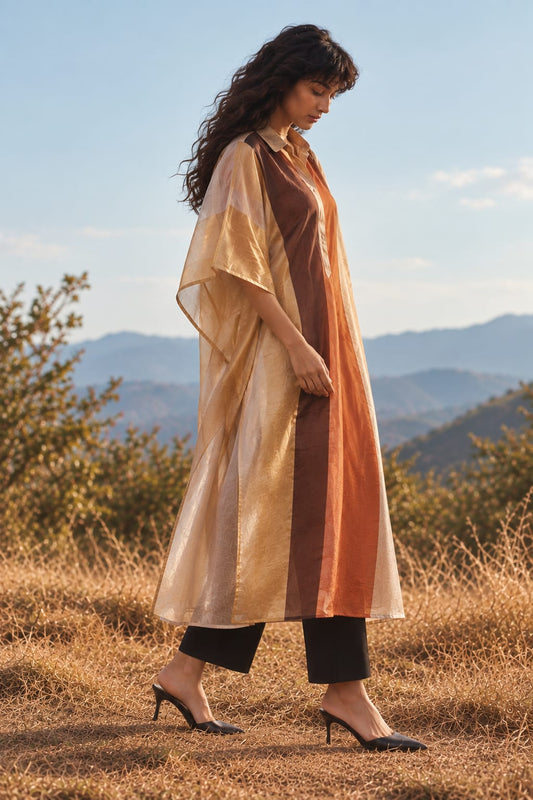 Zareen Metallic Multi Striped Chanderi Zari Kaftan