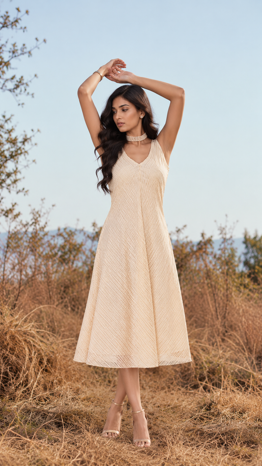 EIRA Thin Gold Striped Chanderi Dress