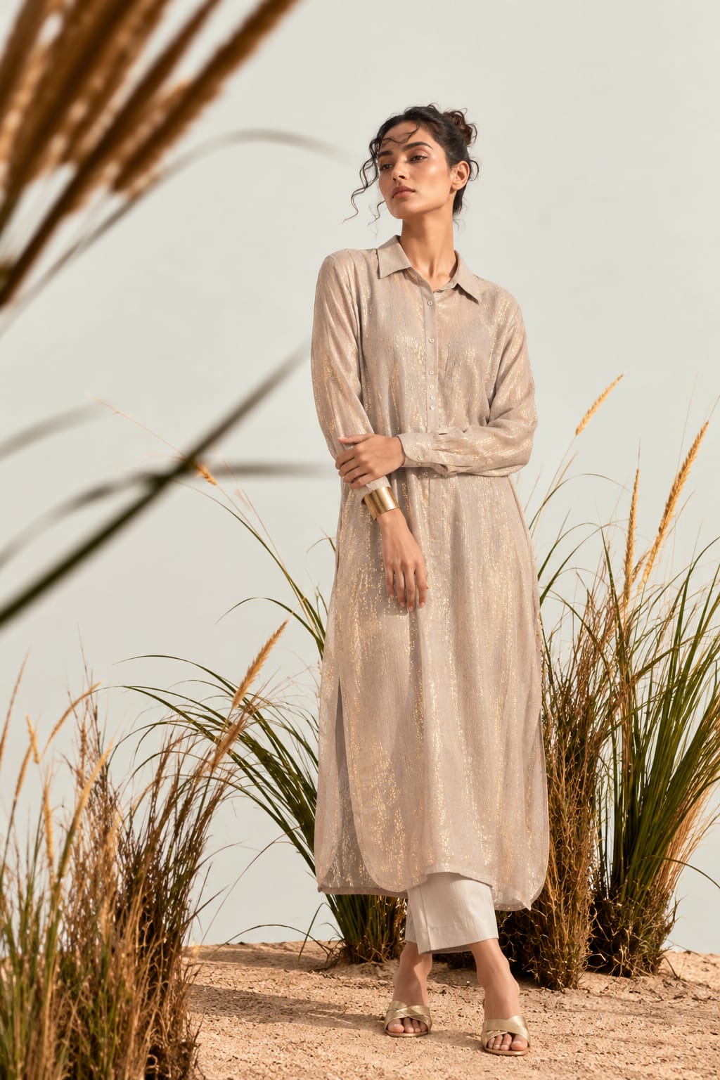 IJAAZ Jute Linen Long Shirt Dress