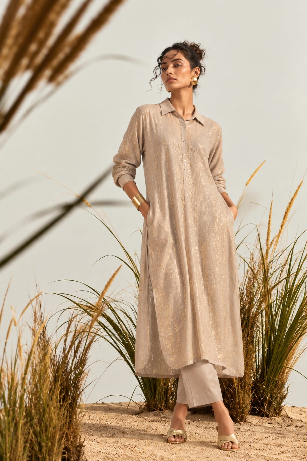 IJAAZ Jute Linen Long Shirt Dress